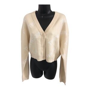 True Religion y2k cream Fog logo print v-neck cardigan size Large brand new